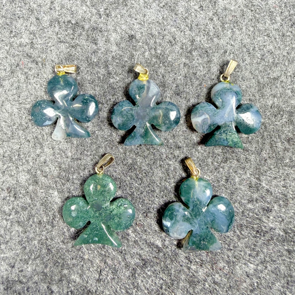 Lot of 5 Moss Agate Clover Club Gemstone Pendants w/ Metal Bails 1"